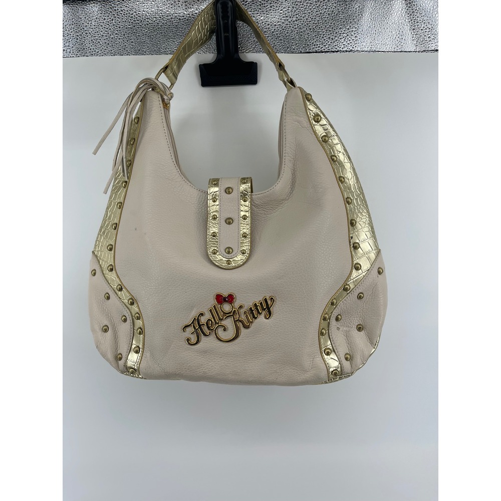 Hello Kitty Sanrio Cream Leather Gold Croc Studded Hobo Shoulder Bag Y2K Vintage